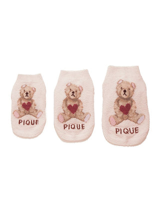 Heart Bear Jacquard pet clothes for cats and dogs, featuring cute bear design with heart and pique text in three sizes.