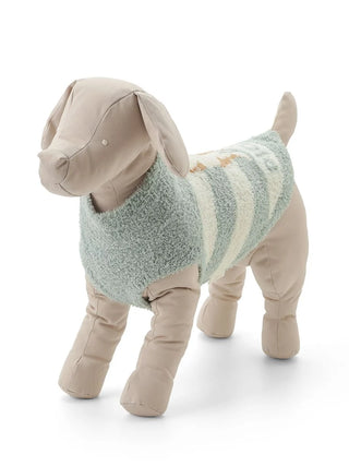 Shiba Inu dog mannequin wearing a green striped CAT&DOG Baby Moco pet sweater, showcasing pet outfit style and comfort.