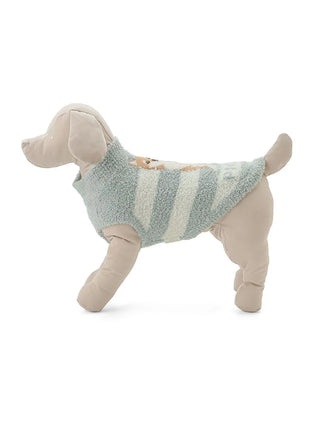 Plush dog mannequin wearing a green striped Shiba Inu-themed CAT&DOG Moco pet sweater for small pets like cats and dogs.