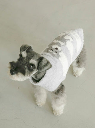 Schnauzer in CAT&DOG Baby Moco pet clothes, grey striped sweater, standing on light floor, showcasing stylish winter attire for pets.