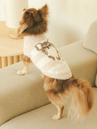 Chihuahua wearing CAT&DOG Baby Moco pet clothes with dog design, standing on beige sofa.