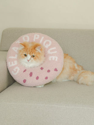 Fluffy cat wearing a pink donut-shaped pet neck pillow on a beige couch.