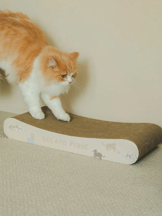 Orange and white cat using a curved cat scratching board on a beige carpeted floor, emphasizing comfort and playful activity.