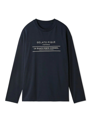 Men's long-sleeve navy T-shirt with logo print, perfect for layering or daily loungewear. Soft and cozy inlay knit fabric.