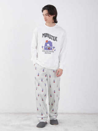 KAZUSA MATSUYAMA Monster Pattern Lounge Pants modeled, featuring playful monster motif, collaboration with GELATO PIQUE HOMME.