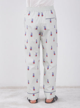 KAZUSA MATSUYAMA Monster Pattern Lounge Pants, rear view, playful porter motif, white and red design, comfortable loungewear.