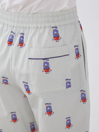 Kazusa Matsuyama Monster Pattern Lounge Pants with playful hotel porter motif, designed in collaboration with Gelato Pique Homme.
