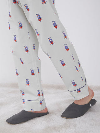 KAZUSA MATSUYAMA Monster Pattern Lounge Pants with hotel porter motif, showcasing playful design in collaboration with GELATO PIQUE HOMME.