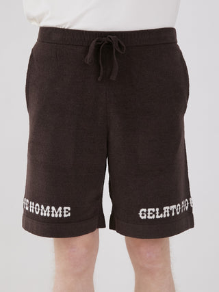 Men's Logo Jacquard Lounge Shorts in soft brown fabric with white "HOMME" and "GELATO PIQUE" lettering on hem, ideal for comfort.