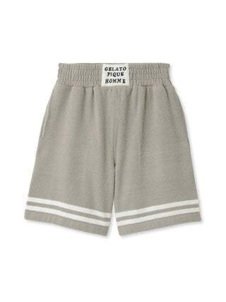 KOUSUKE SHIMIZU Air Moco Lounge Shorts for men in grey by GELATO PIQUE HOMME, featuring elastic waistband and double stripe design.
