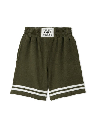 KOUSUKE SHIMIZU Air Moco Lounge Shorts for Men in olive green by GELATO PIQUE HOMME, featuring a comfortable design ideal for loungewear.