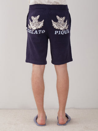 KOUSUKE SHIMIZU Men's Air Moco Lounge Shorts in navy with back embroidery detail.