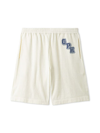 Men's Air Moco College Lounge Shorts in cream with embroidered logo, showcasing comfort and casual style for home or errands.
