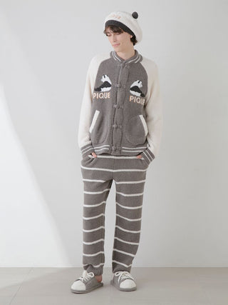 Model wearing Gelato Pique Mens Powder Border Lounge Pants and matching top, featuring ultra-soft premium Powder fabric in gray.