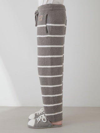 Side view of Mens Powder Border Lounge Pants in gray with white stripes, showcasing soft plush fabric and comfortable fit.