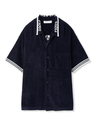 Navy blue tennis lounge shirt with retro-inspired design and logo collar, featuring white striped sleeves and button-down front.