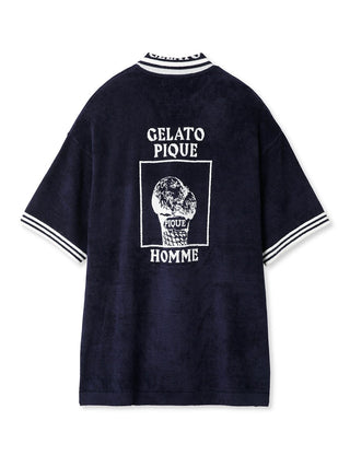 Back view of dark blue lounge shirt with retro logo and stripes on sleeves and collar.