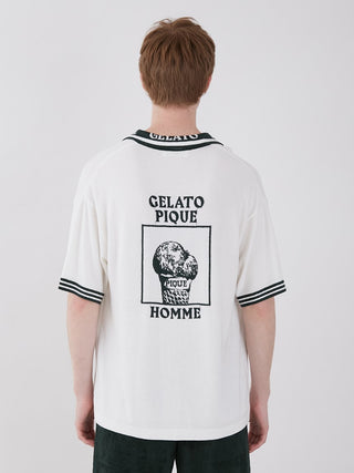 Back view of a white Gelato Pique Homme shirt with graphic design and text on back.