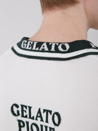Close-up of Gelato Pique white shirt with black logo on back and collar