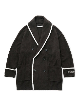 Air Moco Men's Shawl Collar Cardigan in black with white trim, soft airy fabric, double-breasted design, classic and comfortable style.