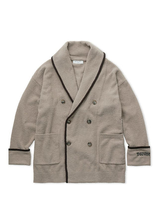 Air Moco Men's Shawl Collar Cardigan in beige with double-breasted design and black trim, featuring soft and light 'Airy Moco' material.