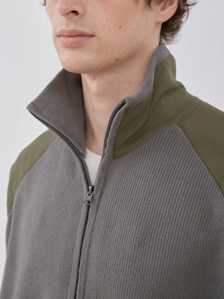 Men wearing the OCEANS Plating Moco ECWCS Blouson Jacket, featuring ribbed knit design and high collar by Gelato Pique.