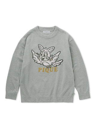Light green pullover sweater with cartoon animal and 'PIQUE' text design on the front, showcasing casual and creative style.