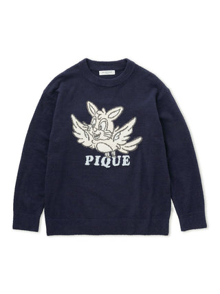 KOUSUKE SHIMIZU Men's Air Moco Pullover Sweater in navy with cartoon graphic design on front.