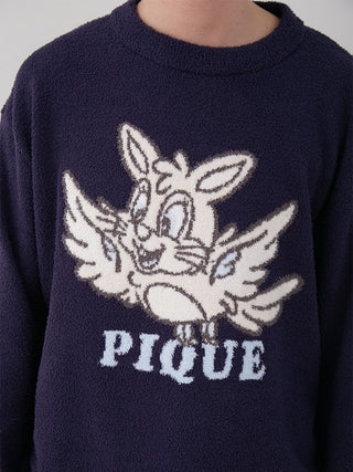 Men's navy sweater with playful graphic design featuring a cartoon animal and 'PIQUE' text, KOUSUKE SHIMIZU Air Moco Pullover.