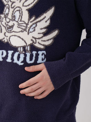 Close-up of KOUSUKE SHIMIZU Men's Navy Air Moco Pullover Sweater with playful rabbit design and soft plush texture.
