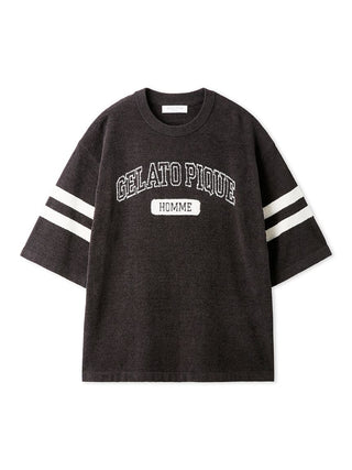 Men's Air Moco College Drop Shoulder Lounge T-Shirt in dark grey with "Gelato Pique Homme" text, featuring striped sleeves.