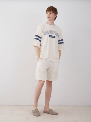 Men's Air Moco College Drop Shoulder Lounge T-Shirt in off-white with blue stripes, casual style, comfortable and breathable fit.
