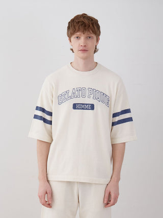 Men's drop shoulder lounge t-shirt with 'Gelato Pique Homme' text, featuring double navy stripes on sleeves, ideal for casual comfort.