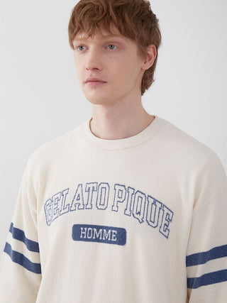 Man wearing Gelato Pique Homme sweater with collegiate design and drop shoulder fit.
