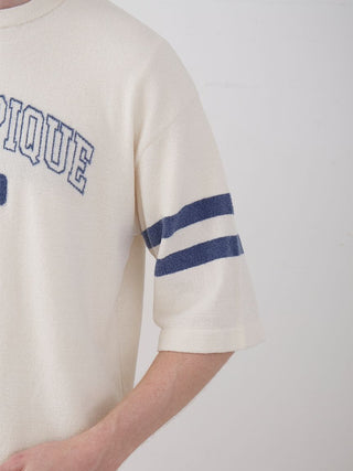 Men's Air Moco College Drop Shoulder Lounge T-Shirt with blue stripes and loose fit sleeve, showcasing relaxed style and comfort.