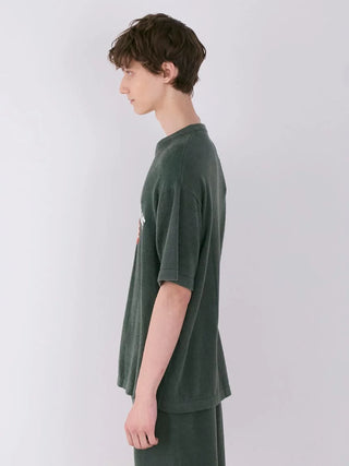 Side view of person wearing MEN'S Smoothie Cherry Fleece Shirt by Gelato Pique, showcasing casual and comfortable loungewear fashion.