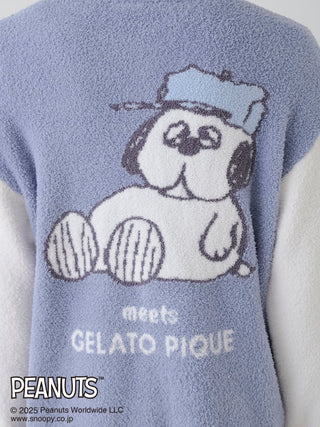 PEANUTS Mens Olaf Babymoco Cardigan back view with Olaf patchwork in soft blue and white Gelato Pique fabric.