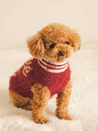 Small dog wearing a red CAT&DOG Feather Pullover with candy cane heart pattern, part of the Sending Warm Wishes collection.