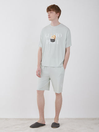 Model wearing Men's COOL Rayon Comfy Lounge Shorts with matching shirt, showcasing stylish and comfortable loungewear.