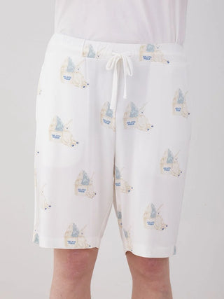 Polar bear motif lounge shorts with ice cream design, soft white fabric, elastic waistband for men's casual wear by Gelato Pique.
