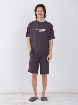 Men's rayon logo sleepwear t-shirt in dark grey, comfortable and sustainable design, featuring premium cotton sheeting texture.