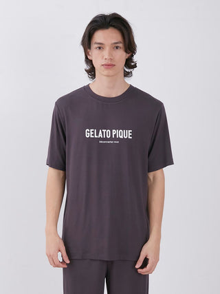 Men's rayon logo sleepwear t-shirt in dark color with 'Gelato Pique' printed, highlighting sustainable comfort and eco-friendly material.