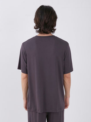 Back view of men's eco-friendly rayon sleepwear t-shirt in charcoal, showcasing smooth texture and comfortable fit.