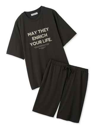 Sarafree Logo Men's Loungewear Set with printed slogan on black short-sleeve shirt and matching shorts, comfortable for hot weather.