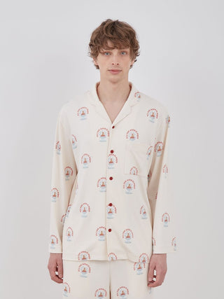 Man wearing a Snow Globe Bear Pattern long sleeve sleep shirt, showcasing whimsical teddy bear design.