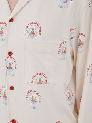 Long sleeve sleep shirt with snow globe bear pattern and "All You Need is Love" text, featuring red buttons and front pocket.