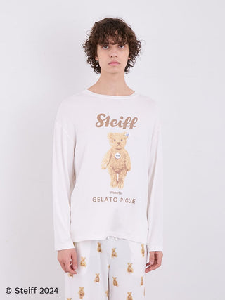 Steiff Men's James Long Sleeve Top in ivory with teddy bear motif, worn by model. Ideal for casual wear and lounging, 2024 edition.