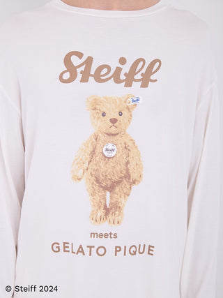 Steiff Mens James Long Sleeve Top with teddy bear motif and Gelato Pique logo, ivory fabric, comfortable and stylish for casual wear.