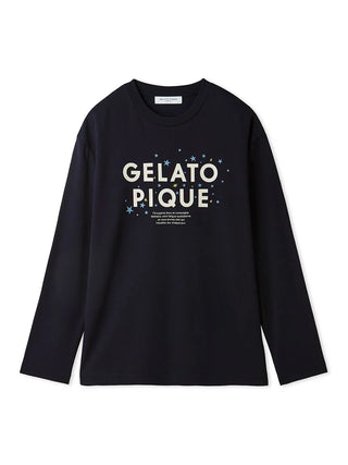 Men's Inlay Star Logo Long Sleeve T-Shirt with "Gelato Pique" branding and star motifs on black fabric, casual and stylish design.