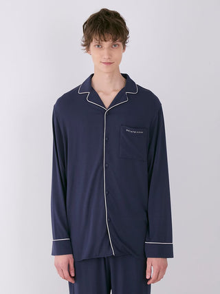 Men's navy rayon long-sleeve sleep shirt with piping, featuring a comfortable fit for restful nights.